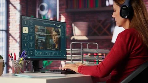 Software developer at home office coding on desktop using AI powered script Stock Photos