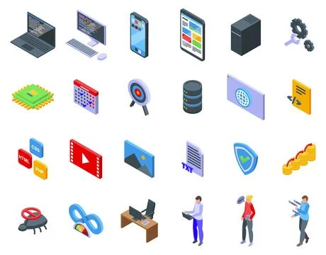 Software Developer icons set isometric vector. Team website Stock Illustration