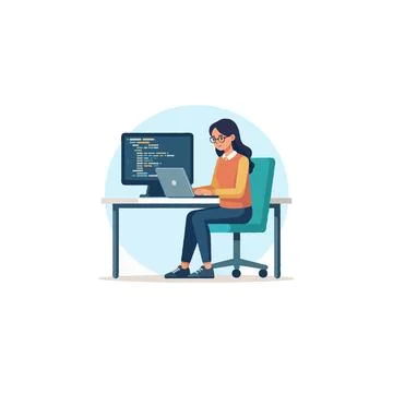 Software developer intently working coding at her desk displaying lines scr.. Stock Illustration