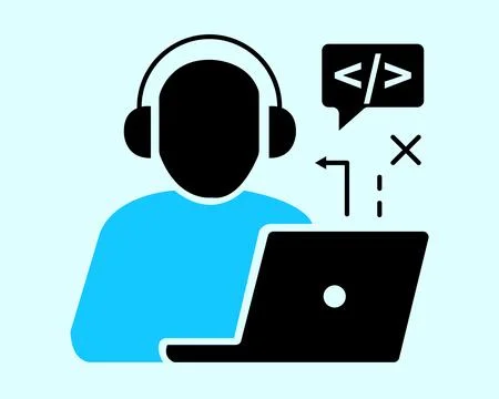 Software developer with laptop and headset. Programmer coding on computer icon. Stock Illustration