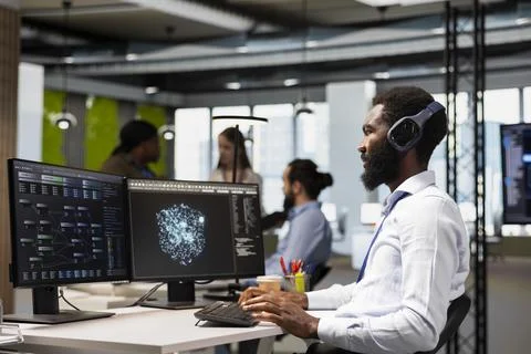 Software developer leverages AI language model assistance 写真素材