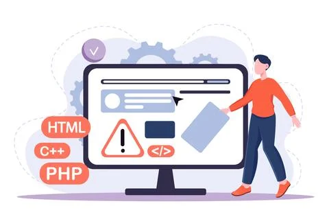 Software developer man. Young guy near computer monitor with programming Stock Illustration