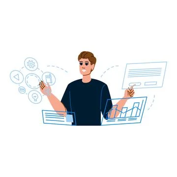 Software developer managing digital marketing campaign using virtual interfac 스톡 일러스트