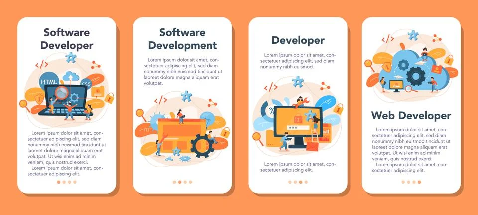 Software developer mobile application banner set. Idea of programming 库存插图