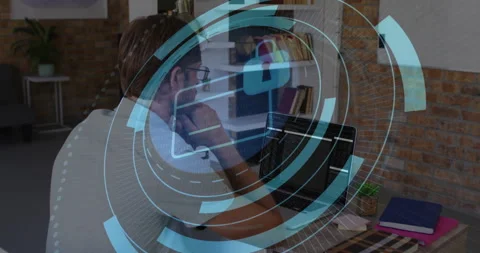 Software developer monitoring cybersecurity scan with rings emerging then Stock Footage 312483376