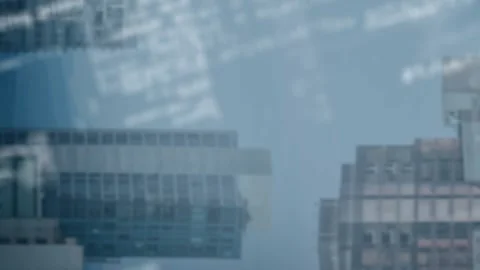 Software developer navigating urban cityscape overlay, with floating code Stock Footage 330172757