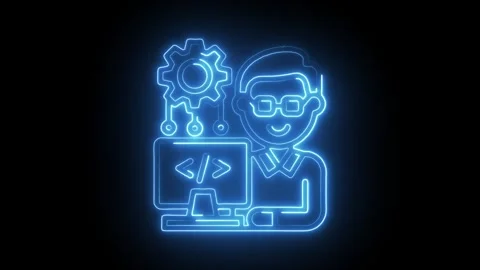 Software developer neon icon with coding screen and gear illustration anima.. Stock Footage 309913673