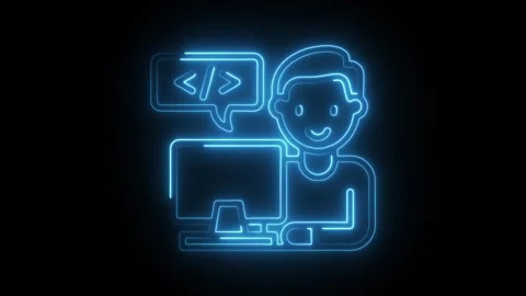Software developer neon outline working on computer coding with chat bubble.. Stock Footage 309913774
