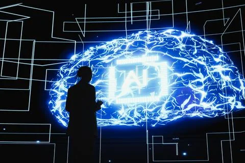 Software developer observing rapid development of AI machine learning tech Foto stock
