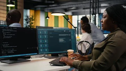 Software developer in office solving tasks with AI LLM chatbot answering prompts Foto stock
