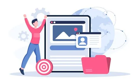 Software developer online. Man near tablet and folder with files. Programmer Stock Illustration