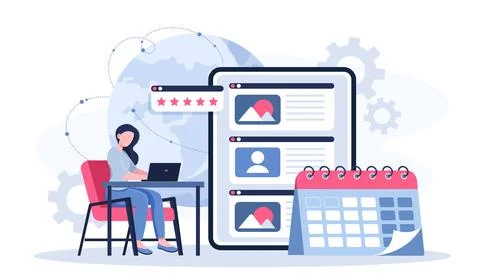 Software developer online. Woman with laptop near tablet and calendar Illustrazione stock