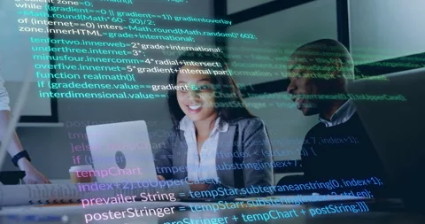Software developer opening laptop and projecting code overlay while pair Stock Footage 312019369