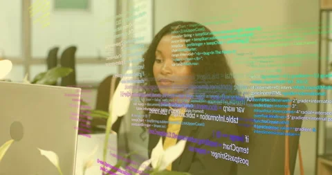 Software developer opening laptop, scanning screen for code, lines floating and Stock Footage 315506687