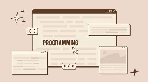 Software developer or code testing. Website development concept in trendy retro Stock Illustration