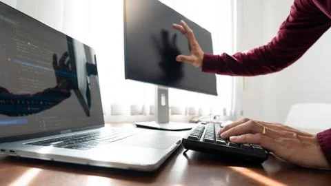 Software developer or programmer working data debugging improvement binary al Foto stock