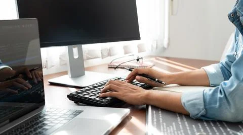 Software developer or programmer working data debugging improvement binary al Stock Photos