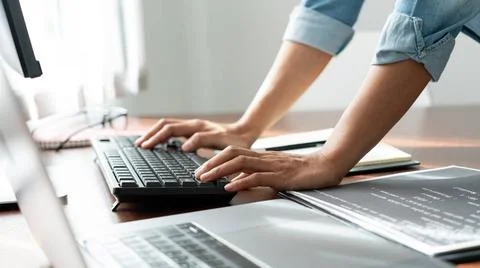 Software developer or programmer working data debugging improvement binary... Stock-Fotos