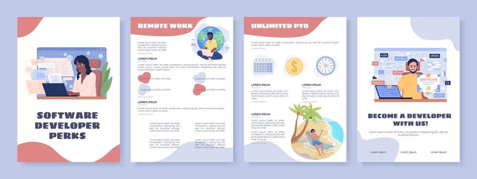 Software developer perks flat vector brochure template Stock Illustration
