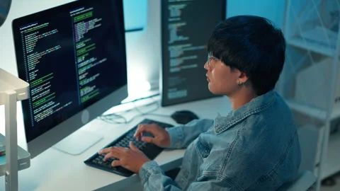 Software developer pointing at monitor debugging code identifying issue in Stock Footage 313820827