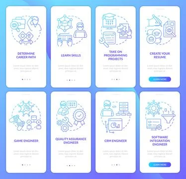 Software developer profession blue gradient onboarding mobile app screen set Stock Illustration
