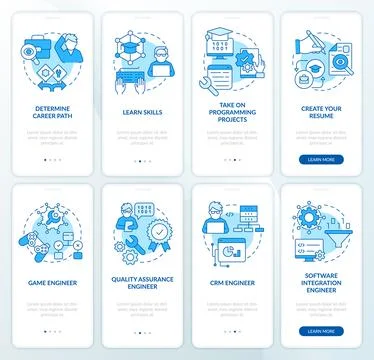 Software developer profession blue onboarding mobile app screen set Stock Illustration