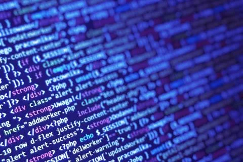 Software developer programming code. Abstract modern virtual computer script. Foto stock