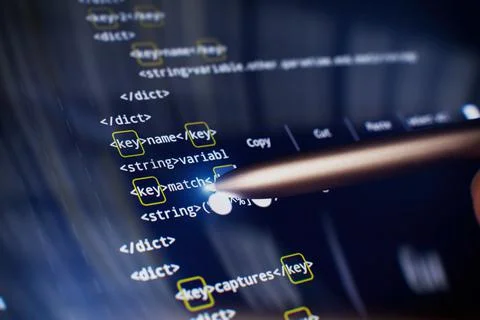 Software developer programming code. Abstract computer script code. Code text 스톡 사진