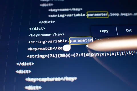 Software developer programming code. Abstract computer script code. Code text Stockfoto's