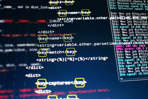 Software developer programming code. Abstract computer script code. Code text Stock Photos
