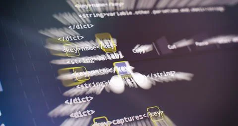 Software developer programming code. Abstract computer script code. Code text 库存照片