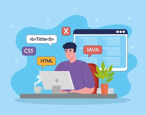 Software developer programming in desktop with code symbols Stock Illustration