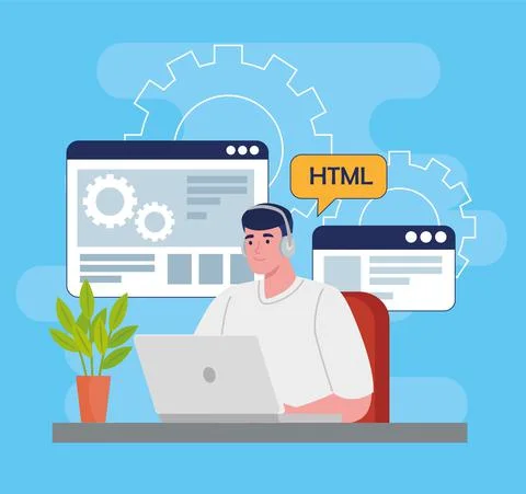 Software developer programming in laptop with code symbols Stock Illustration