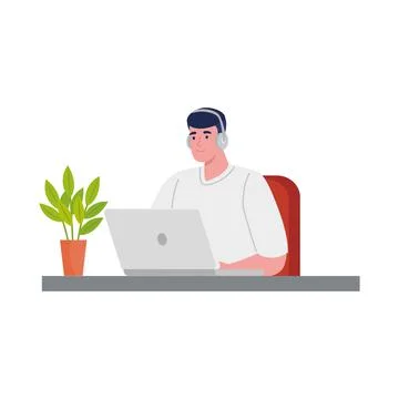 Software developer programming in laptop with headset in the office Illustrazione stock