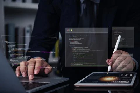 Software developer programming python code for AI. Web development with HTM.. 스톡 사진