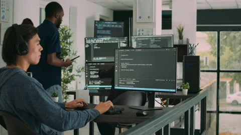Software developer programming source code algorithm on computer Stock Footage 220380308