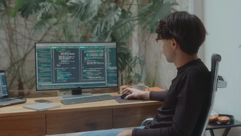 Software Developer Scrolling through Source Code on Computer Stock Footage 252754287