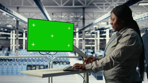 Software developer in server hub using chroma key workstation Stock Footage 314685257