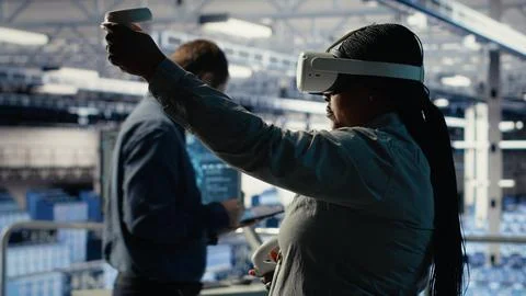 Software developer in server room wearing VR goggles optimizing AI systems 写真素材