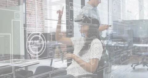 Software developer settling and activating VR UI, tapping controls removing Stock Footage 318092624