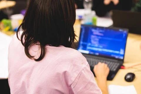 Software developer students in auditorium hall working on computer and lapt.. Stockfoto's