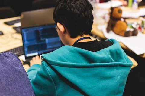 Software developer students in auditorium hall working on computer and lapt.. 写真素材