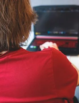 Software developer students in auditorium hall working on computer and lapt.. Stock Photos