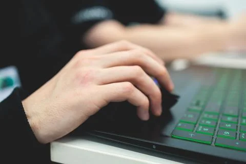 Software developer students in auditorium hall working on computer and lapt.. 스톡 사진