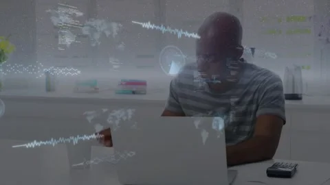 Software developer tapping keyboard and activating holographic map code overlays Stock Footage 318476174