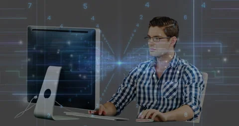 Software developer tapping mouse and typing keys, overlaying floating numbers Stock Footage 308656569