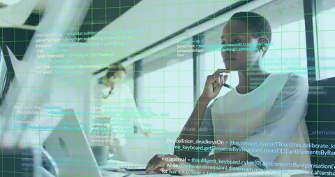 Software developer tapping pen typing and debugging code launching code overlay Stock Footage 315574209