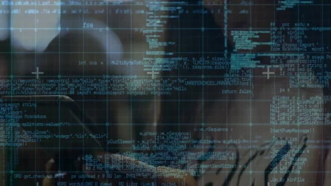 Software developer tapping smartphone and updating holographic digital grid for Video stock 312361405