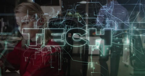 Software developer tapping tablet and analyzing data as TECH circuit lines Stock Footage 314707121