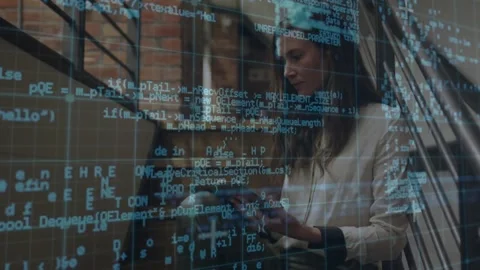 Software developer tapping tablet screen on stairwell and updating animated code Stock Footage 319871851